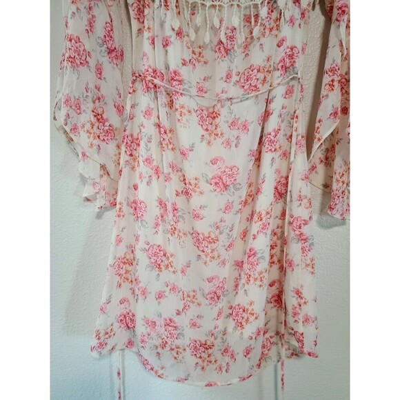 Womens Boho Chic Style Top Pink Floral With Split Sleeves And Drawstring Size S - Picture 5 of 6